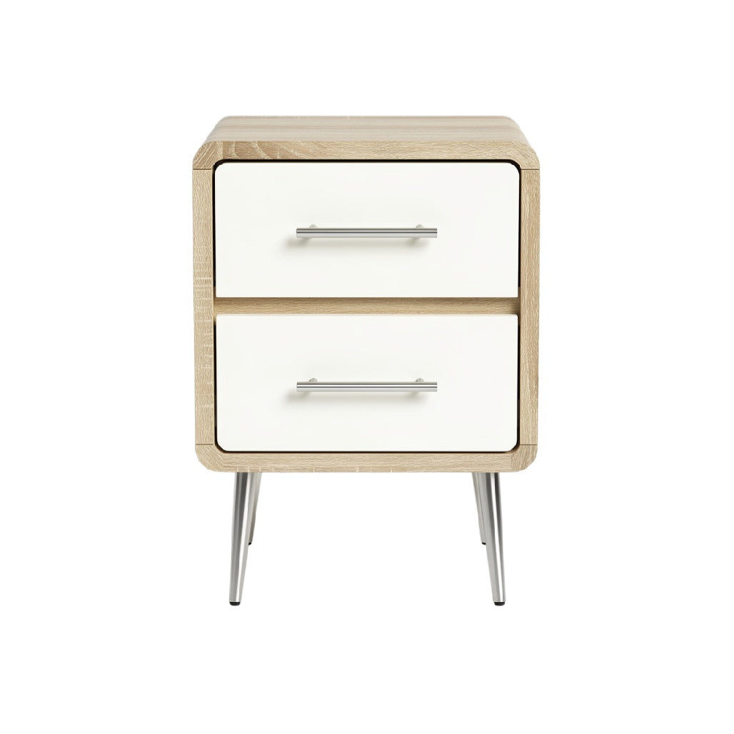 Modern Wooden Nightstand with Two Drawers and Metal Legs